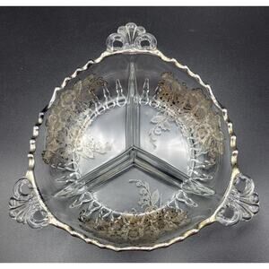 Vintage Silver Overlay Relish Dish Clear Glass 3 Partitions 8x2" BEAUTIFUL